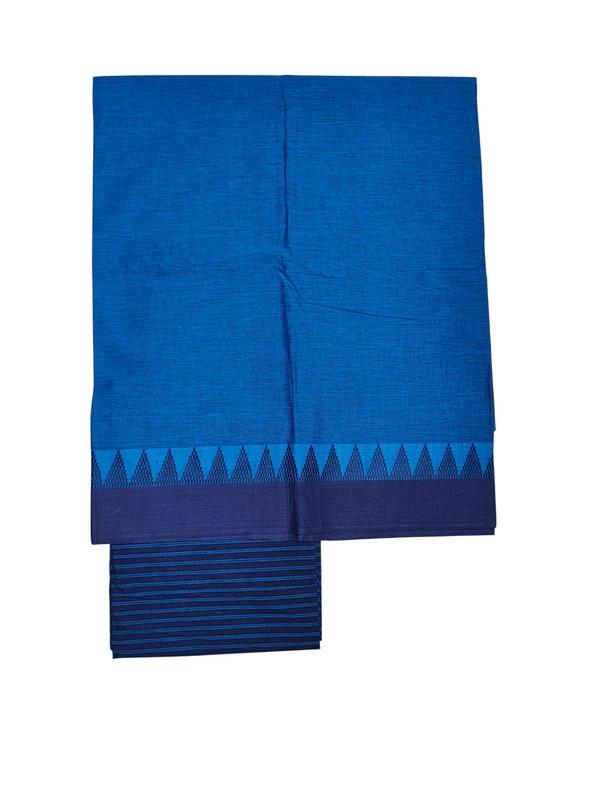 Navy Blue & Green Handloom Mangalagiri Cotton Dress Materials with Ikkat Border
