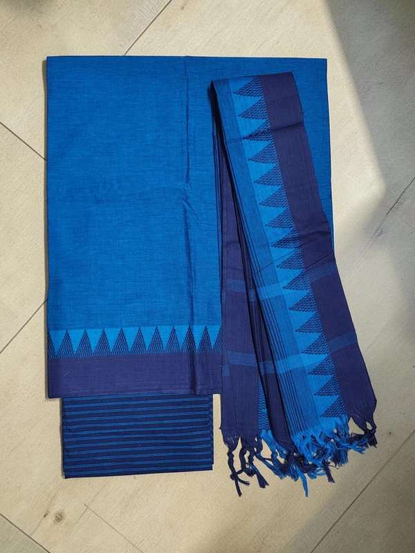 Navy Blue & Green Handloom Mangalagiri Cotton Dress Materials with Ikkat Border