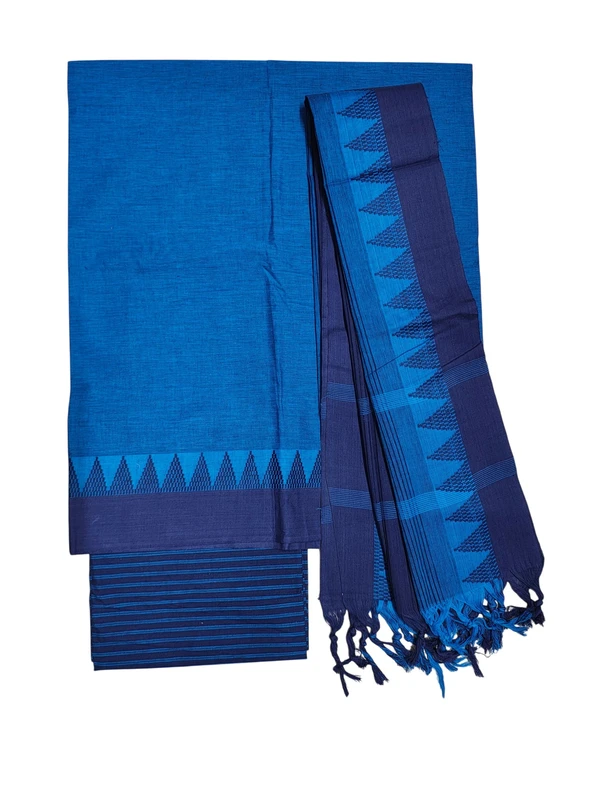 Navy Blue & Green Handloom Mangalagiri Cotton Dress Materials with Ikkat Border