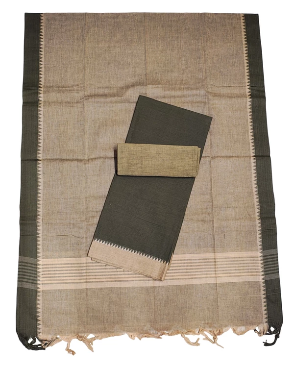 Coffee Handloom Cotton Unstitched Salwar Suit Set with Temple Border