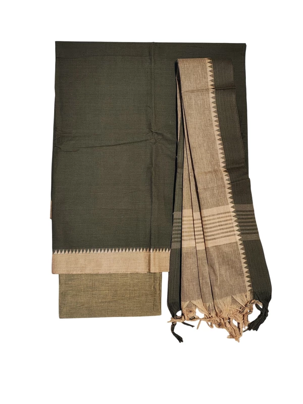 Coffee Handloom Cotton Unstitched Salwar Suit Set with Temple Border