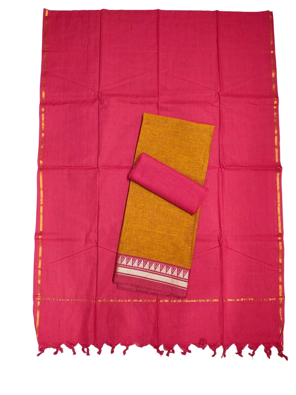 Orange & Red Handloom Mangalagiri Cotton Dress Materials