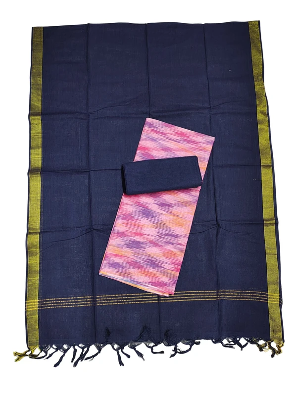 Pink & Navy Blue Mangalagiri Cotton Unstitched Salwar Suit Set with Dupatta for Women