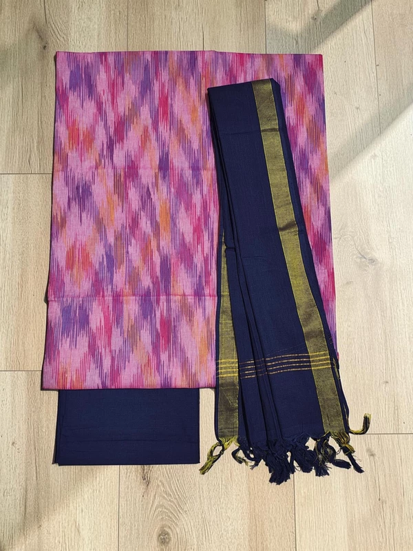 Pink & Navy Blue Mangalagiri Cotton Unstitched Salwar Suit Set with Dupatta for Women