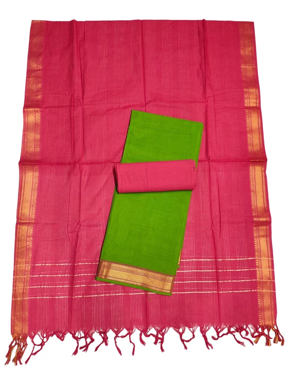 Green & Red Handloom Mangalagiri Cotton Dress Materials