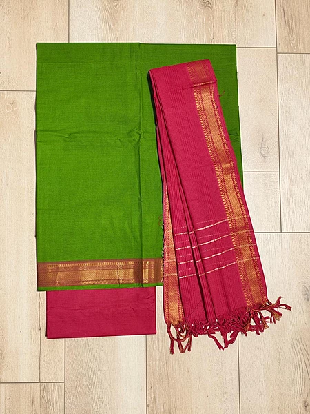 Green & Red Handloom Mangalagiri Cotton Dress Materials
