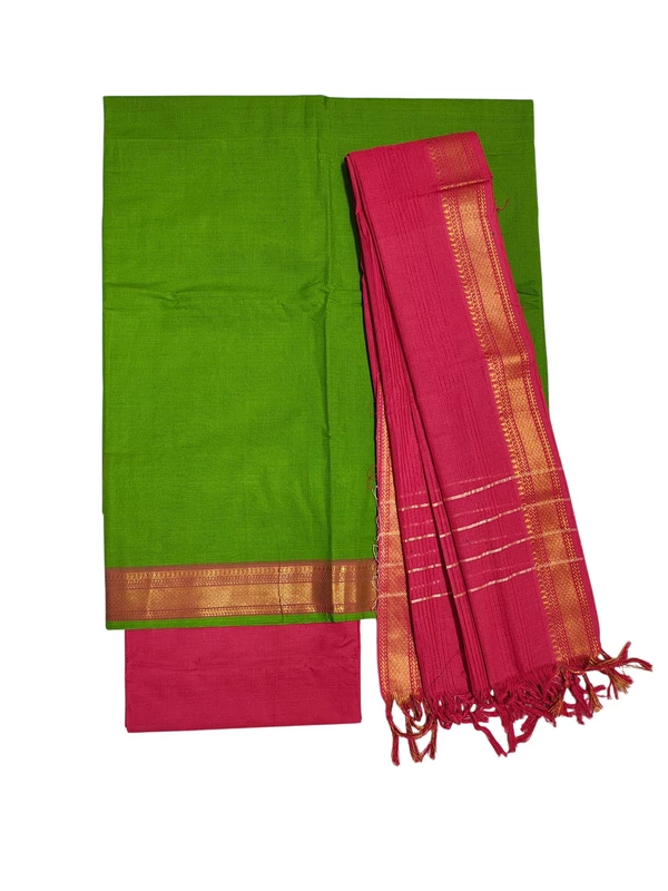 Green & Red Handloom Mangalagiri Cotton Dress Materials