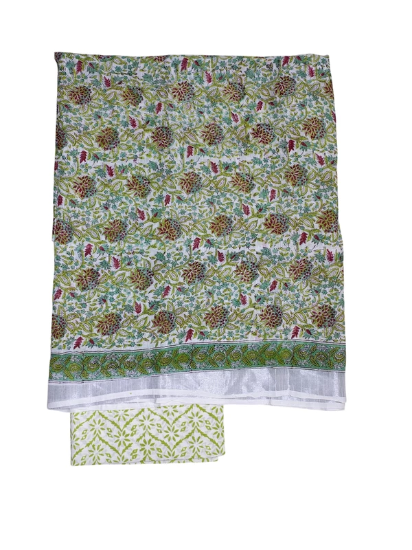 Mint Green Linen Hand block Print Unstitched Salwar Suit Set with Linen Dupatta