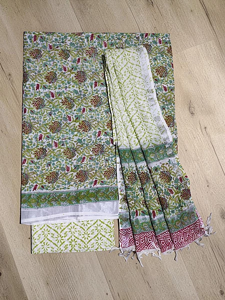 Mint Green Linen Hand block Print Unstitched Salwar Suit Set with Linen Dupatta