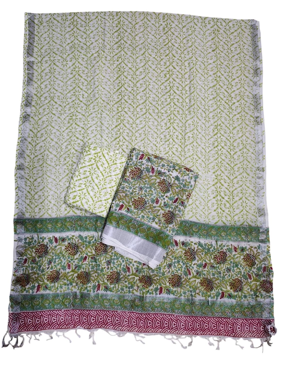 Mint Green Linen Hand block Print Unstitched Salwar Suit Set with Linen Dupatta