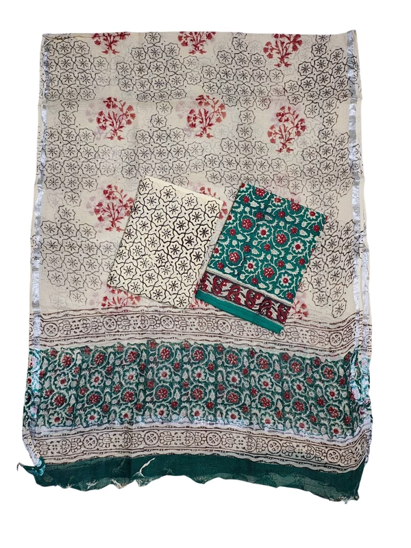 Green Bagru Hand Block Print Pure Cotton Dress Material with Linen Dupatta