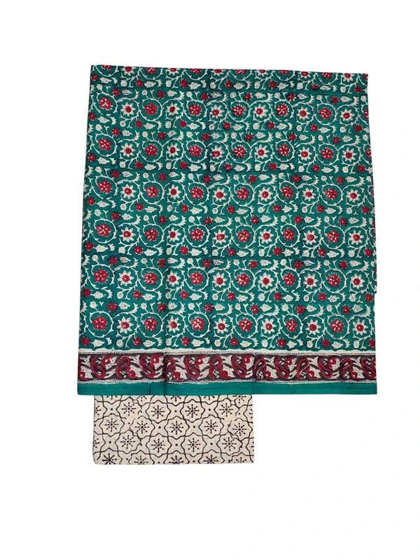 Green Bagru Hand Block Print Pure Cotton Dress Material with Linen Dupatta