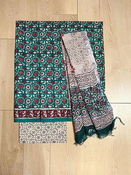 Green Bagru Hand Block Print Pure Cotton Dress Material with Linen Dupatta