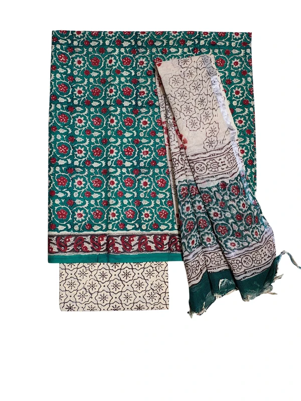 Green Bagru Hand Block Print Pure Cotton Dress Material with Linen Dupatta