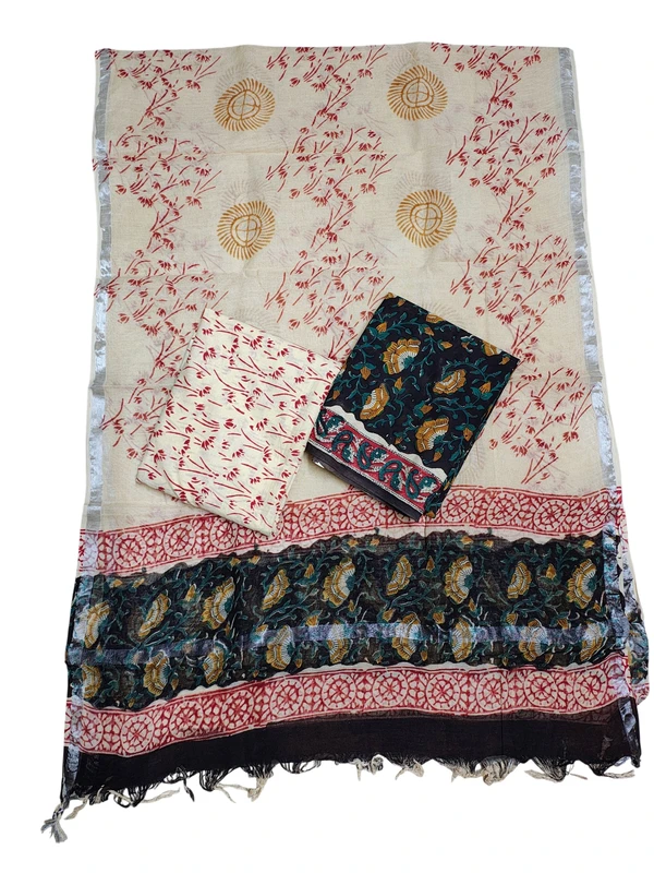 Black Bagru Hand Block Print Pure Cotton Dress Material with Linen Dupatta