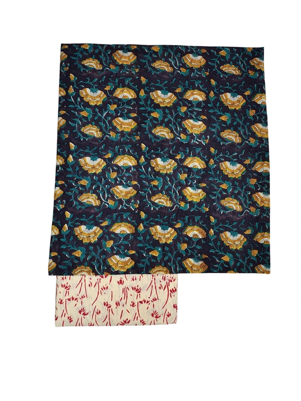 Black Bagru Hand Block Print Pure Cotton Dress Material with Linen Dupatta