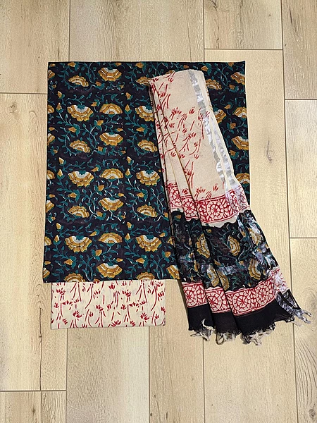 Black Bagru Hand Block Print Pure Cotton Dress Material with Linen Dupatta