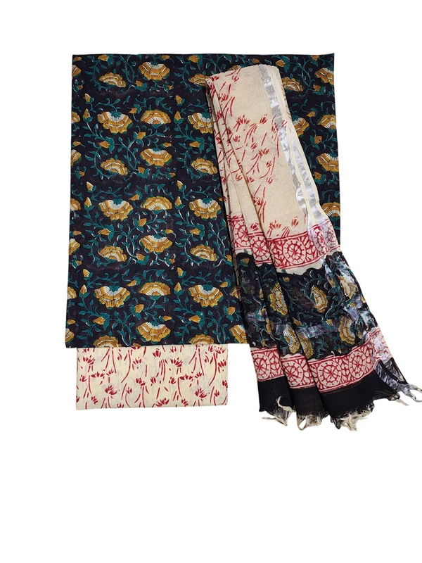 Black Bagru Hand Block Print Pure Cotton Dress Material with Linen Dupatta
