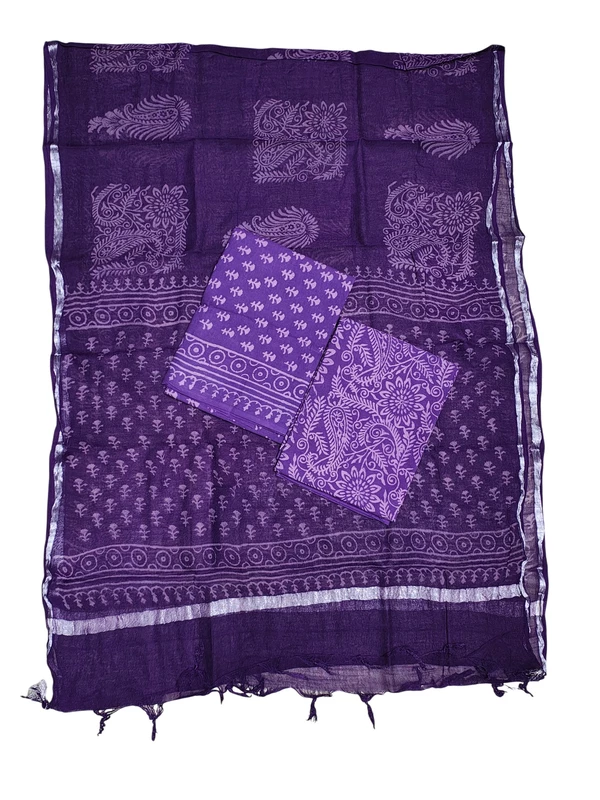 Lavender Hand Block Print Cotton Dress Materials with Linen Dupatta for Women