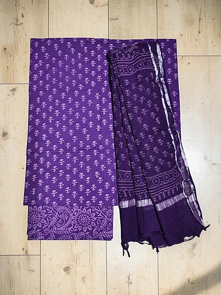 Lavender Hand Block Print Cotton Dress Materials with Linen Dupatta for Women