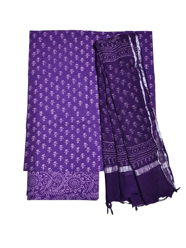 Lavender Hand Block Print Cotton Dress Materials with Linen Dupatta for Women
