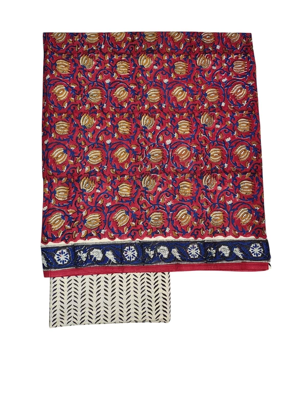 Beige & Maroon Bagru Print Kota Doria Dress Material