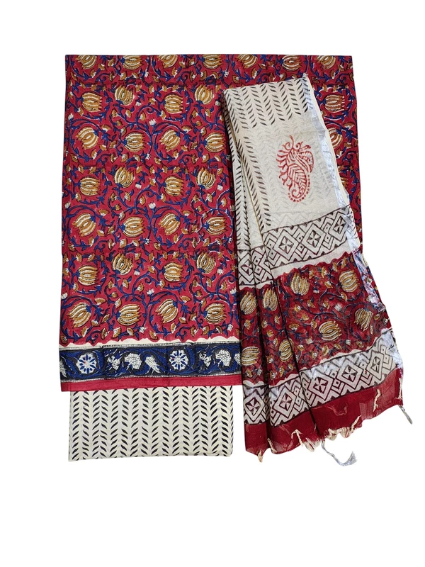 Beige & Maroon Bagru Print Kota Doria Dress Material