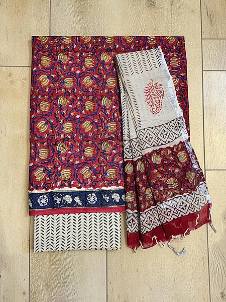 Beige & Maroon Bagru Print Kota Doria Dress Material