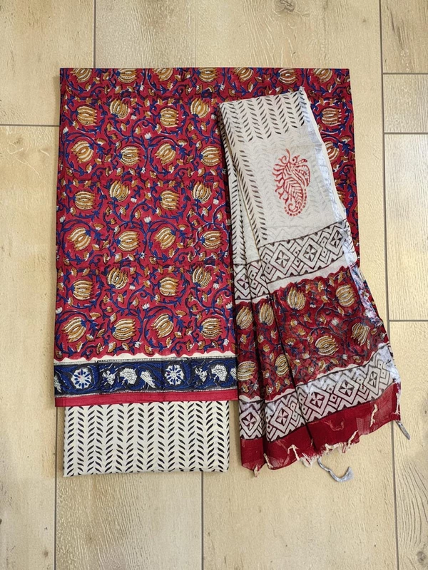 Beige & Maroon Bagru Print Kota Doria Dress Material