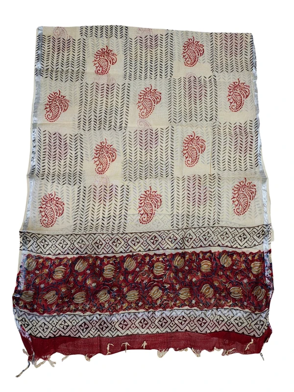 Beige & Maroon Bagru Print Kota Doria Dress Material