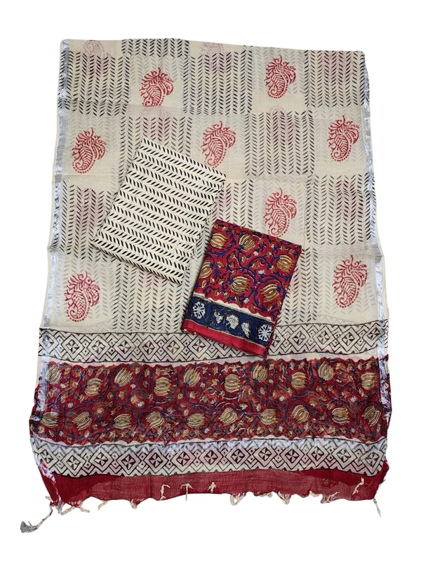 Beige & Maroon Bagru Print Kota Doria Dress Material