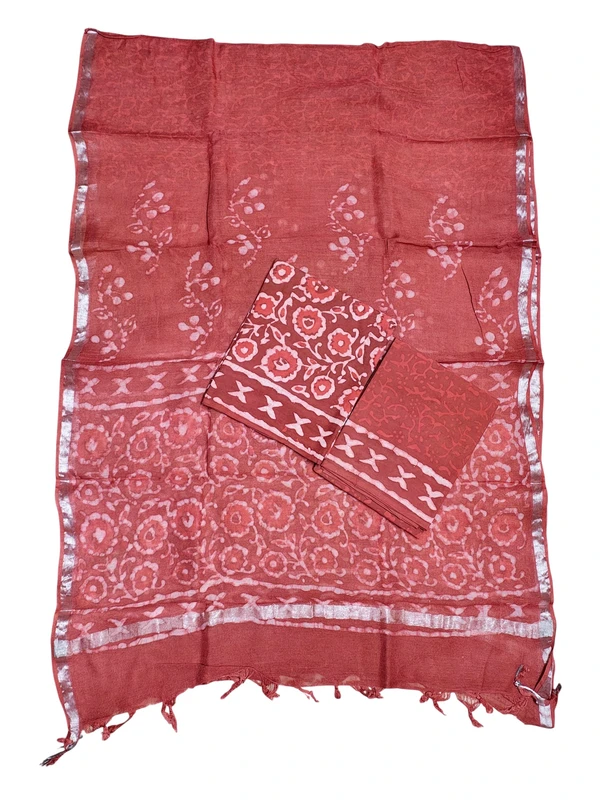 Rust Hand Block Print Cotton Dress Materials with Linen Dupatta for Women