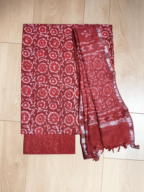 Rust Hand Block Print Cotton Dress Materials with Linen Dupatta for Women