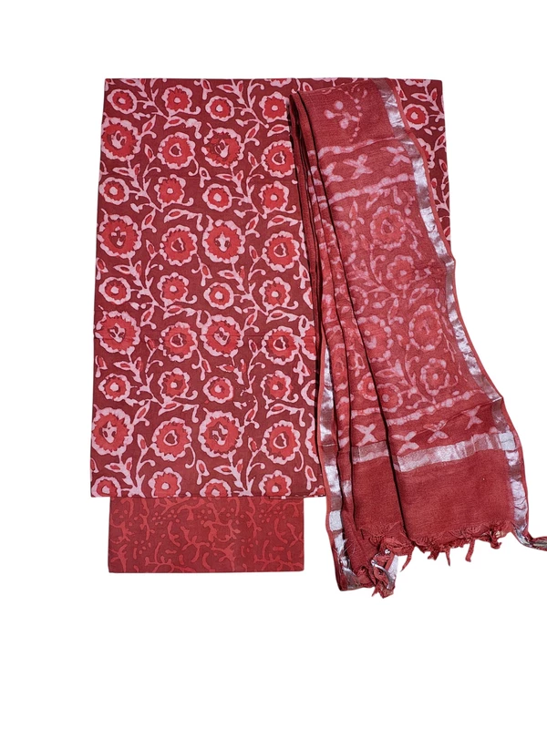 Rust Hand Block Print Cotton Dress Materials with Linen Dupatta for Women