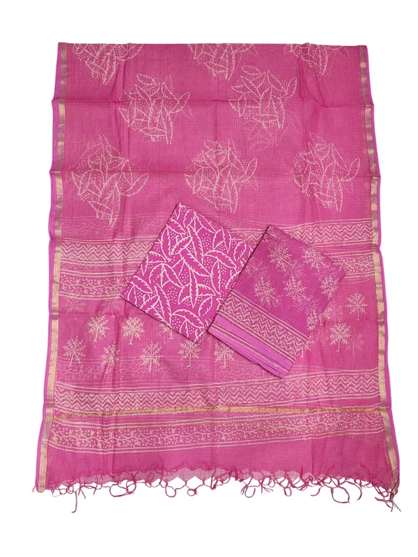 Pink Hand Block Printed Kota Doria Unstitched Suit Set with Dupatta