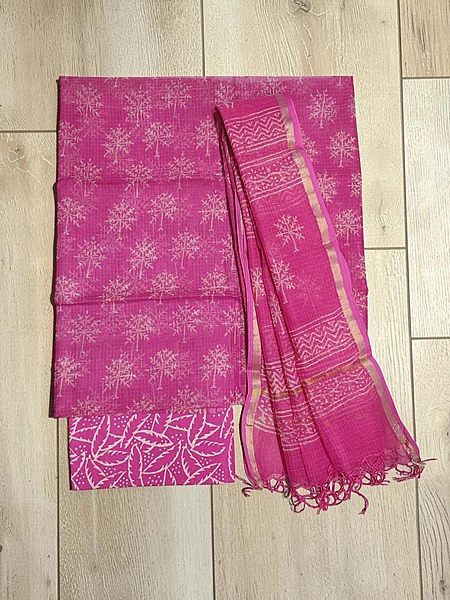 Pink Hand Block Printed Kota Doria Unstitched Suit Set with Dupatta