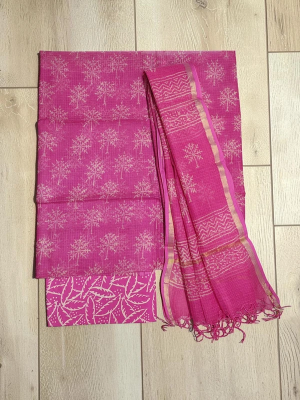 Pink Hand Block Printed Kota Doria Unstitched Suit Set with Dupatta