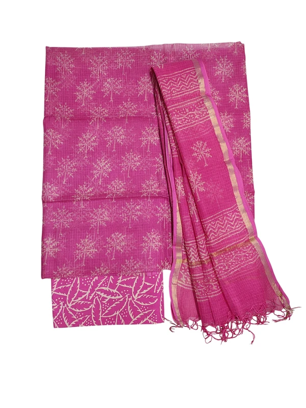 Pink Hand Block Printed Kota Doria Unstitched Suit Set with Dupatta