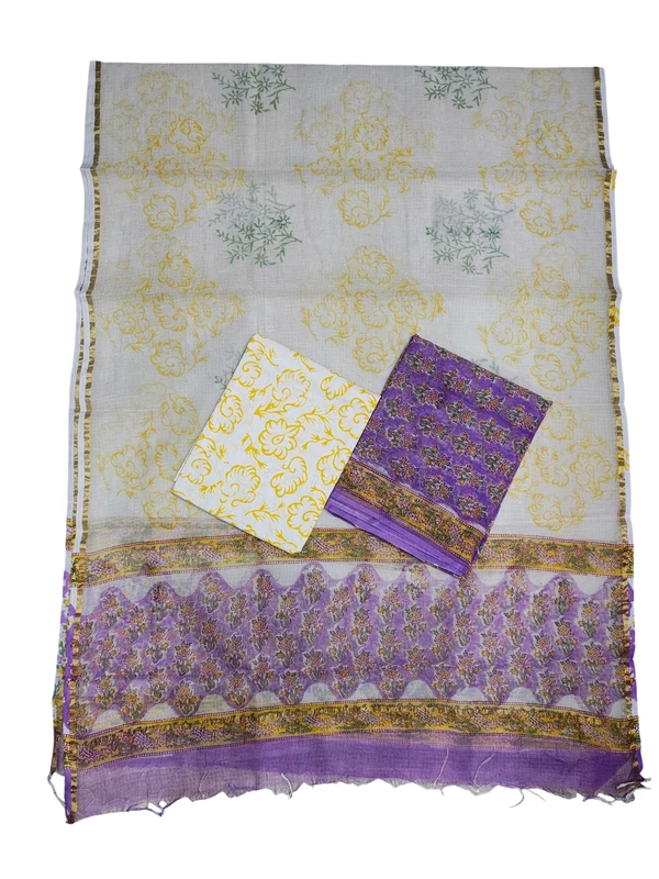 Lavender Hand Block Printed Kota Doria Unstitched Suit Set