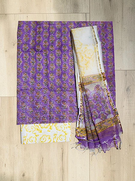 Lavender Hand Block Printed Kota Doria Unstitched Suit Set