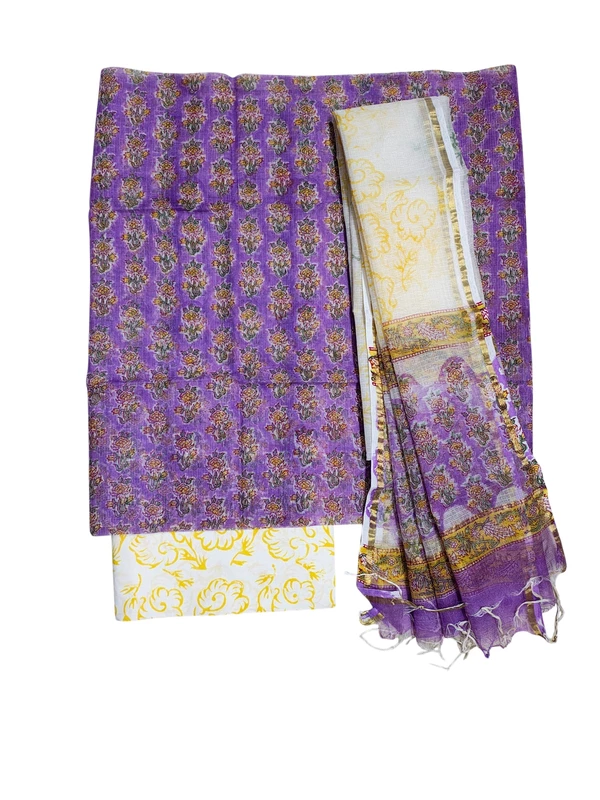 Lavender Hand Block Printed Kota Doria Unstitched Suit Set
