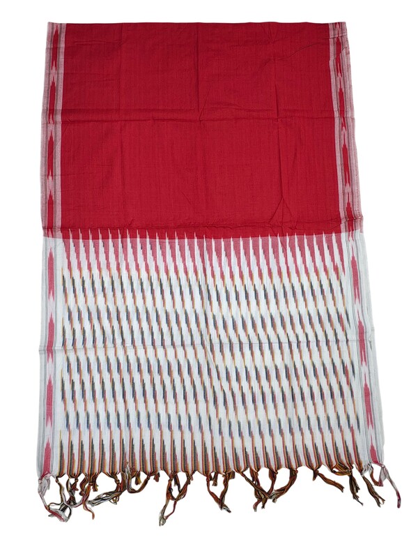 White & Red Pochampally Ikkat Pure Cotton Dupatta for Women