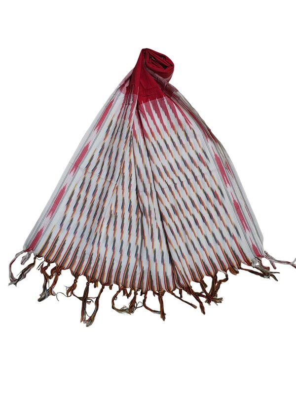 White & Red Pochampally Ikkat Pure Cotton Dupatta for Women