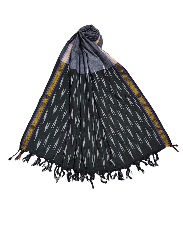 Black & Grey Pochampally Ikkat Pure Cotton Dupatta for Women