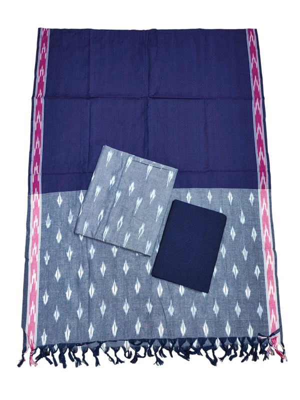 Grey & Blue Pochampally Ikkat Cotton Dress Material with Dupatta