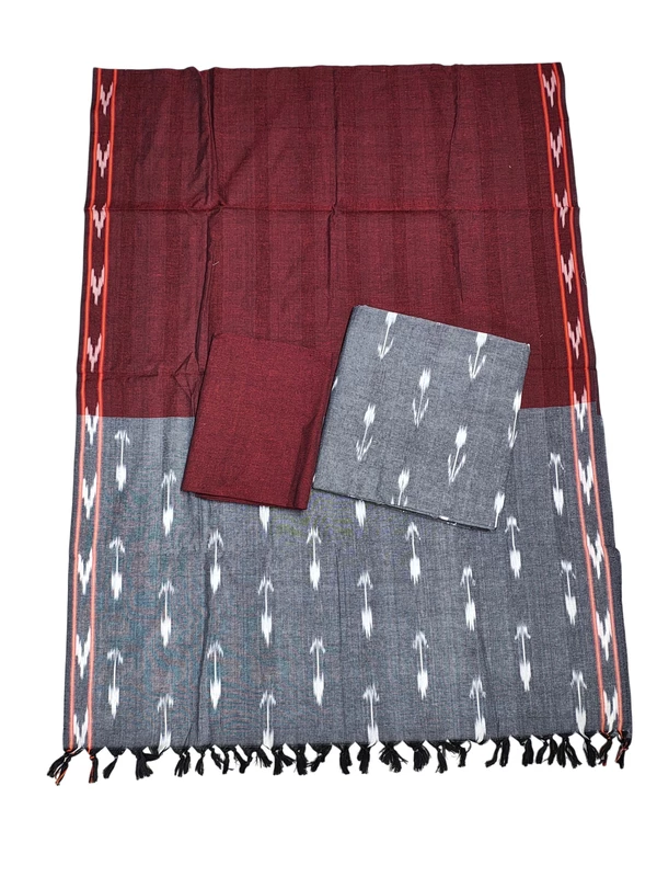 Grey & Red Pochampally Ikkat Cotton Dress Material with Dupatta