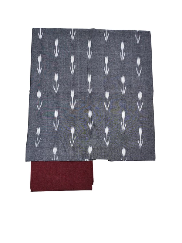 Grey & Red Pochampally Ikkat Cotton Dress Material with Dupatta