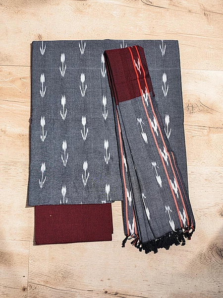 Grey & Red Pochampally Ikkat Cotton Dress Material with Dupatta