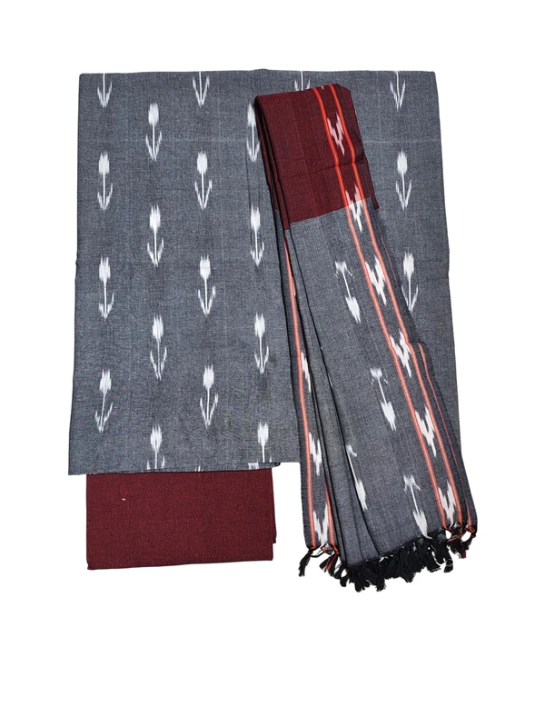 Grey & Red Pochampally Ikkat Cotton Dress Material with Dupatta