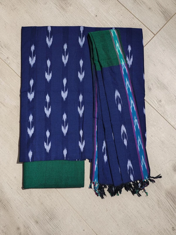 Indigo & White Pochampally Ikkat Handloom Dress Material with Dupatta